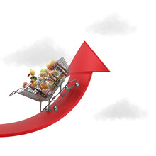 Food Cost Rising Concept, Stagflation And Inflation. Shopping Cart Full Of Groceries And Red Arrow Pointing Up Sky Clouds Illustration 3d