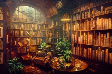 Steampunk old  library with books illustration