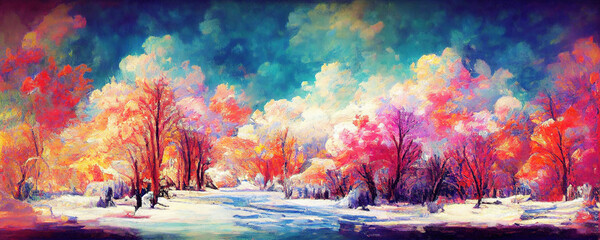 Wall Mural - Magical winter landscape scene with colorful trees
