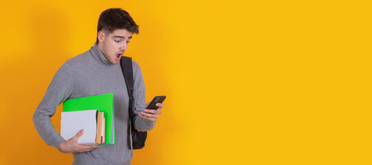 Sticker - student with mobile phone and books isolated on background with surprised expression