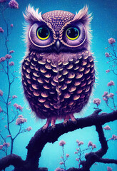 cartoon little owl, big eyes, fantasy style, art illustration