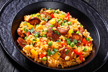 Smoked Sausages With Rice And Vegetables, Top View