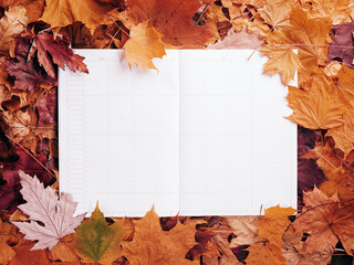 Wall Mural - Autumn concept - background of dry fallen autumn leaves with space for text in the middle - blank diary surrounded by autumn leaves, copy space