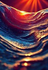 Wall Mural - Computer generated macro abstract 3D illustration of a sunset light shining on the ocean surface. A.I. generated art.