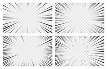 Manga Transparent Backgrounds, Vector Set Of Anime Comic Speed Action Effects With Radial Line Frames. Comics Book Cartoon Explosion Flash, Superhero Motion, Zoom Or Boom Burst Effects With Light Rays