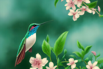 Illustrative drawing of a hummingbird near a flower. Blurred background.