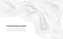 Line Contour Topographic Map. Terrain Relief Pattern With Vector Contour Grid Of Mountains And Land Natural Features. Topography, Cartography, Geography And Travel Adventure Background With Copy Space