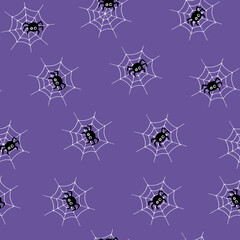 Wall Mural - Black spiders on a web seamless pattern. Simple repeating pattern for Halloween. Vector illustration art