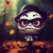 Tiny Joker dressed for Halloween, autumn leaves, cartoon