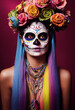Beautiful woman dressed as Mexican Catrina, wearing a flower crown