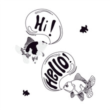 Monochrome Illustration Of Two-colored Goldfish Greeting Each Other