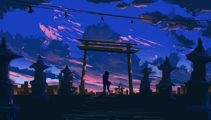 Couple at night hangout in japan anime digital art illustration painting wallpaper background 