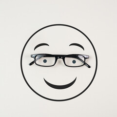 Wall Mural - Head with a smiling face and eyeglasses, mental health concept, positive mindset, support and evaluation symbol