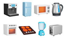 Kitchen Appliances 3d Icon Set. Cooking. Food Preparation. Domestic Electronics. Fridge, Microwave, Kettle, Oven, Hob, Blender, Toaster. Isolated Icons, Objects On A Transparent Background