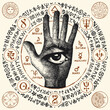 occult round sign with a human hand with the Masonic symbol of the all-seeing eye and runes. Vector banner on the theme of occultism or alchemy with a third eye on an open palm