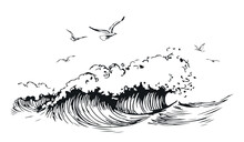 Seascape With Waves And Seagulls. Marine Concept. Birds And Sea Sketch. Vector Illustration In Vintage Engraving Style