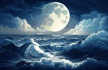 Impressive Art Illustration. Full Moon Rising Over The Dramatic Stormy Sea. 