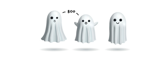 Vector set of 3d style cute funny ghosts illustration isolated on white background