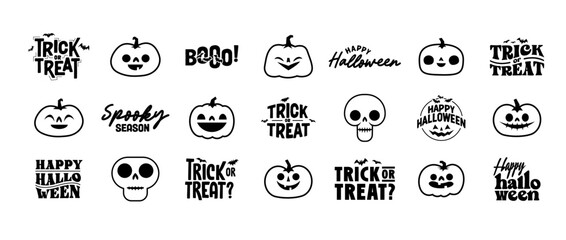 Set of Halloween icons. Vector illustration. Carved pumpkins, skulls and bats. Trick or treat spooky design.