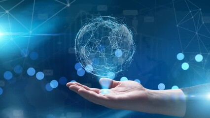 Tech earth globalization in 3d animation. Global Business dots on rotating planet.