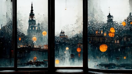 rain droplets on window looking at city wallpaper hd gloomy day