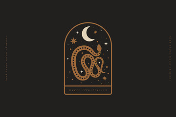Poster - Logo template with a magic snake, stars, and crescent on isolated black background. Emblem for mystical stores, postcards, posters. Vector illustration.