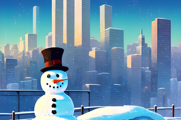 Wall Mural - portrait of a happy snowman with hat and scarf in the snow - cartoon / comic / anime / manga style