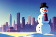 portrait of a happy snowman with hat and scarf in the snow and city skyline background - cartoon / comic / anime / manga style