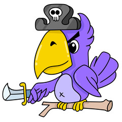 Poster - Purple parrot pirate sitting on a branch with white background