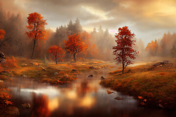 Illustration of autumn nature with trees, atmospheric autumn landscape, bright colors, 3d illustration