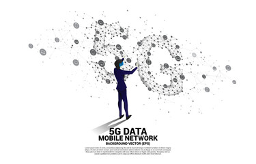 Poster - Silhouette man wear VR glasses Polygon dot connect line shaped 5G mobile networking. Concept of digital virtual reality technology and AR .