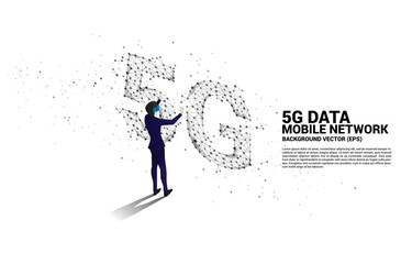 Poster - Silhouette man wear VR glasses Polygon dot connect line shaped 5G mobile networking. Concept of digital virtual reality technology and AR .