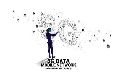 Poster - Silhouette man wear VR glasses Polygon dot connect line shaped 5G mobile networking. Concept of digital virtual reality technology and AR .