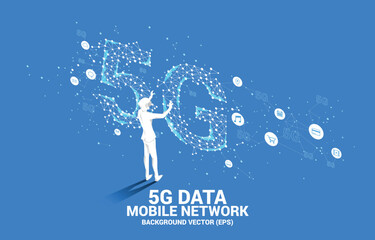 Poster - Silhouette man wear VR glasses Polygon dot connect line shaped 5G mobile networking. Concept of digital virtual reality technology and AR .