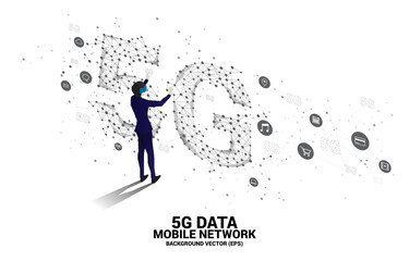 Poster - Silhouette man wear VR glasses Polygon dot connect line shaped 5G mobile networking. Concept of digital virtual reality technology and AR .