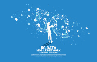 Poster - Silhouette man wear VR glasses Polygon dot connect line shaped 5G mobile networking. Concept of digital virtual reality technology and AR .