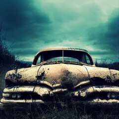 Abandoned vintage car in a rusty condition. 3D illustration