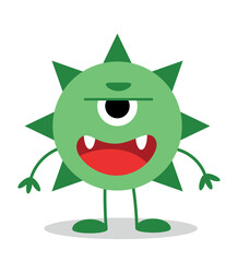 Wall Mural - Green monster character. Round mutant with one eye, open mouth, and spikes on its head. Toy or mascot for kids, social media sticker, poster or banner for website. Cartoon flat vector illustration