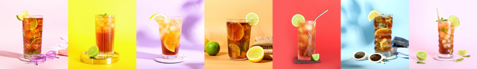 Collage of glasses with tasty Long Island iced tea on color background