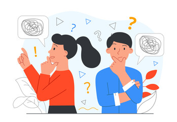 Wall Mural - People shrugging concept. Man and woman trying to solve problem, thoughtfulness and uncertainty. Emotions and facial expressions, frustration. Poster or banner. Cartoon flat vector illustration