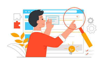 Wall Mural - web search concept. man with magnifying glass evaluates website page. information and knowledge on i