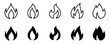 © Frank - Conjunto de icono de llama de fuego. Silueta de hoguera, llama ardiente. Ilustración vectorial