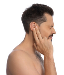 Wall Mural - Man suffering from ear pain on white background