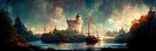 Enchanted Fairy Tale Landscape, Magic, Fantasy, Forest, Ship On The Lake, Light. Digital Illustration, Painting