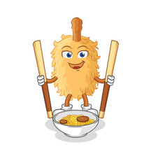 Wall Mural - feather duster eat noodle cartoon. character mascot vector