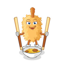 Sticker - feather duster eat noodle cartoon. character mascot vector