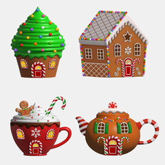 Wall Mural - Set of sweets landscape elements. isolated christmas fantasy houses.