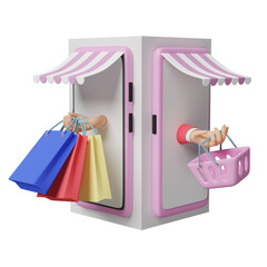 mobile phone or smartphone with store front, hand holding colorful shopping paper bags, shopping basket, credit card, franchise business or online shopping concept, 3d illustration or 3d render