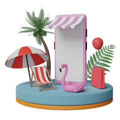 Wall Mural - cylinder stage podium with mobile phone or smartphone store front, beach chair, Inflatable flamingo, palm leaf, shopping paper bags, online shopping summer sale concept, 3d illustration or 3d render