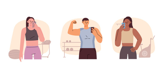 Wall Mural - People are exercising and taking selfies in the fitness center. flat vector illustration.